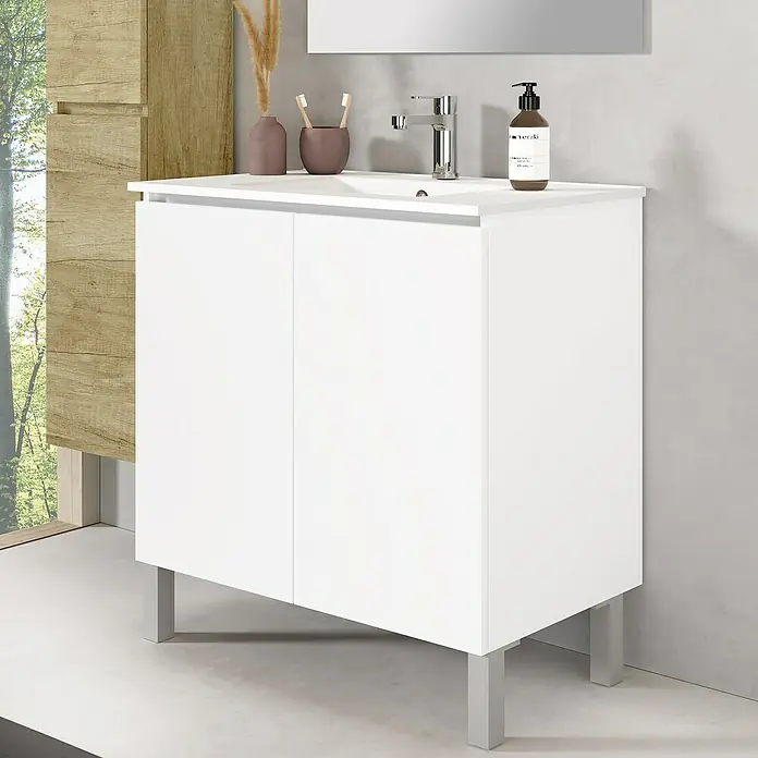 Artysan Conjunto de mueble de baño Versa - Ancho: 80 cm, 3 pzs., Blanco, Mate - Lavabo moderno con mueble blanco y grifo cromado. Ideal para un baño con estilo.