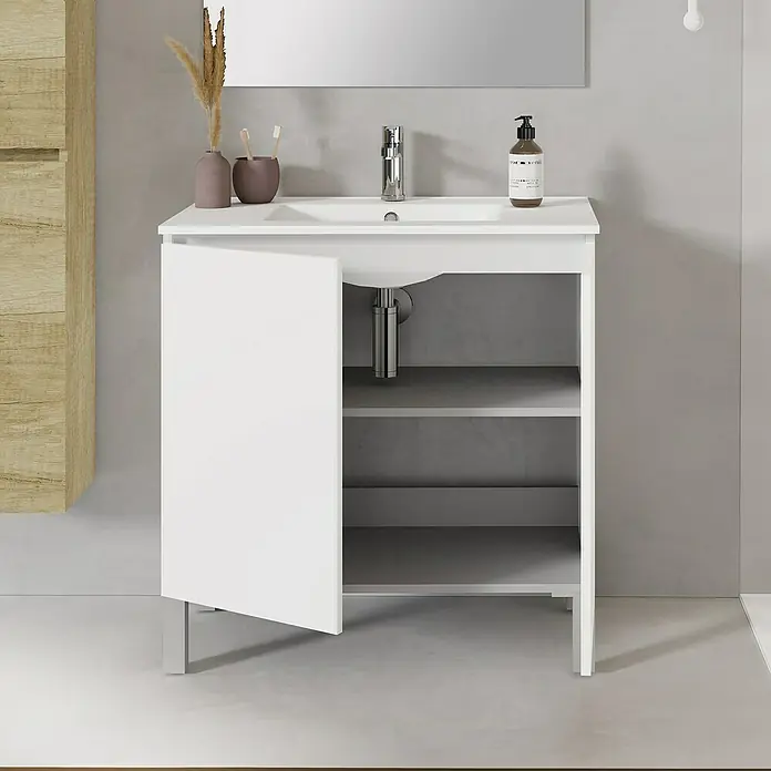 Artysan Conjunto de mueble de baño Versa - Ancho: 80 cm, 3 pzs., Blanco, Mate - Mueble de lavabo blanco con estante abierto y una puerta, ideal para baños modernos. Mueble de baño práctico para almacenamiento.