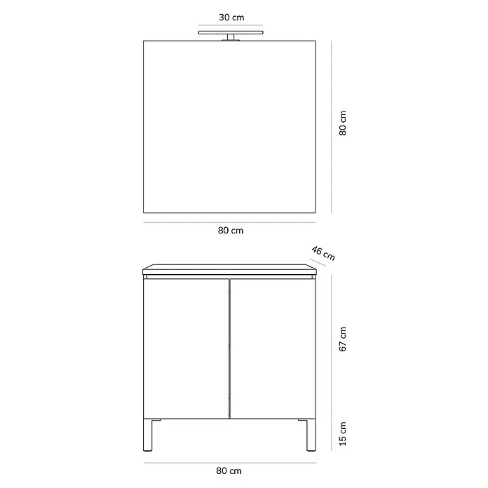 Artysan Conjunto de mueble de baño Versa - Ancho: 80 cm, 3 pzs., Nebraska, Mate - Ilustración de un mueble de baño, de dimensiones 80x80x82 cm, coronado por un lavabo de 30 cm de ancho. La profundidad del mueble es de 46 cm.
