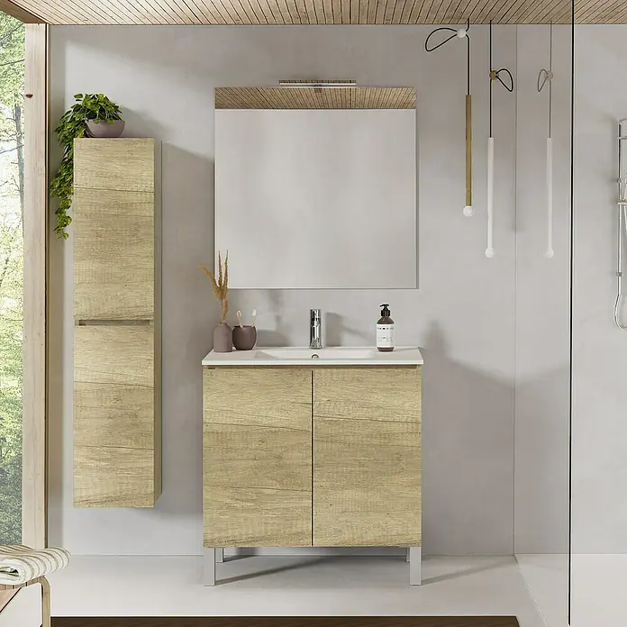 Artysan Conjunto de mueble de baño Versa - Ancho: 80 cm, 3 pzs., Nature, Mate - Interior de baño luminoso con mueble de lavabo con aspecto de madera y armario de espejo a juego para una estética cohesiva.