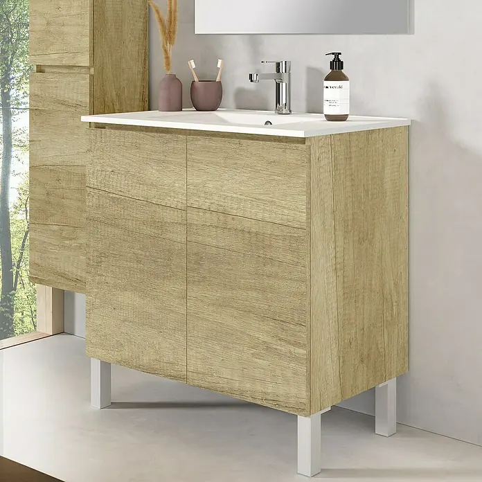 Artysan Conjunto de mueble de baño Versa - Ancho: 80 cm, 3 pzs., Nature, Mate - Mueble de baño con dos puertas y lavabo, diseño elegante para baños modernos.\n