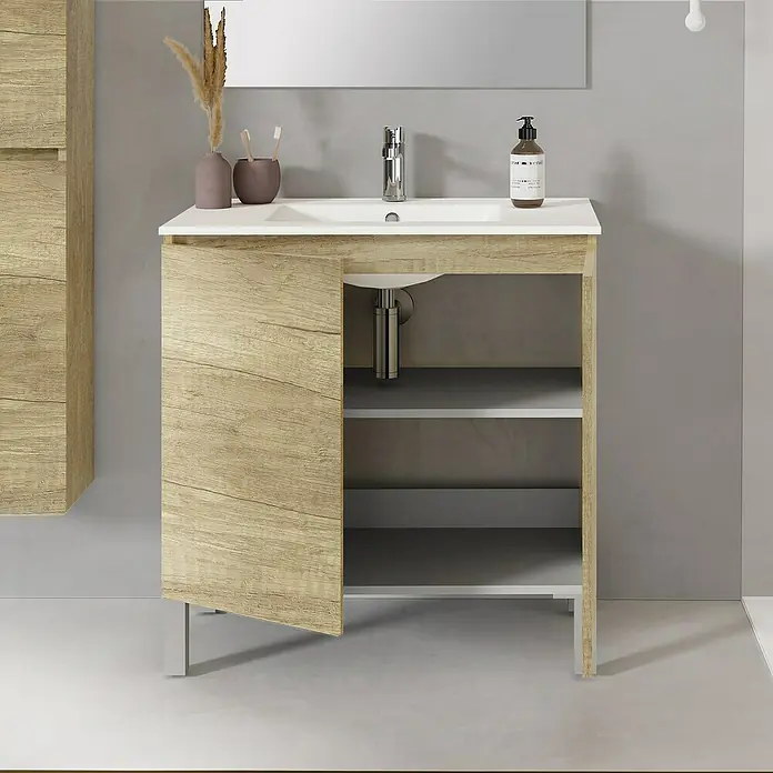 Artysan Conjunto de mueble de baño Versa - Ancho: 80 cm, 3 pzs., Nature, Mate - Imagen de un mueble de lavabo con puerta abierta y estantes, en tono de madera clara, bajo un lavabo.