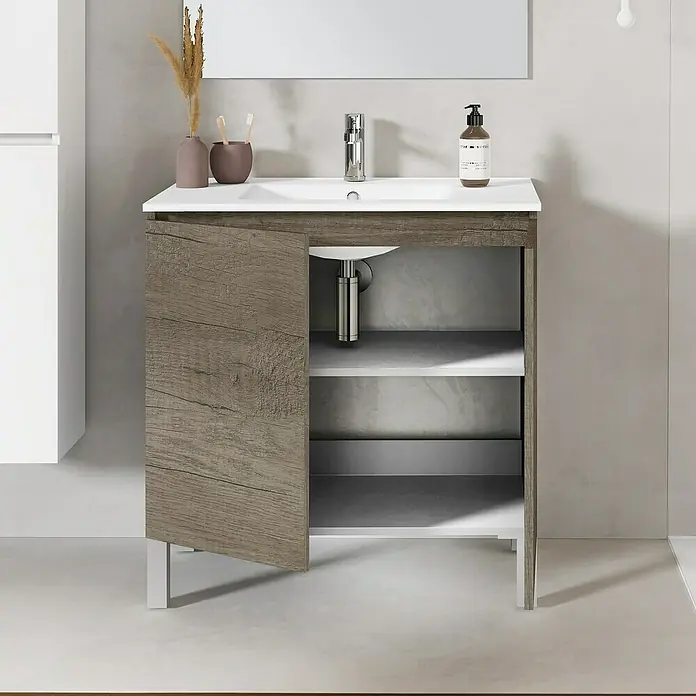 Artysan Conjunto de mueble de baño Versa - Ancho: 80 cm, 3 pzs., Nebraska, Mate - Mueble de baño con decoración de madera abierta y lavabo de cerámica con grifo y dispensador de jabón.