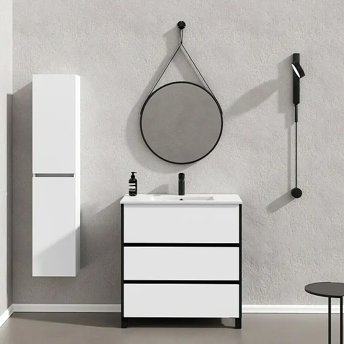 Artysan Conjunto de mueble de baño Africa - Ancho: 80 cm, 3 pzs., Blanco, Mate - Mueble de baño con gabinete blanco y negro, espejo redondo y lámpara de pared negra.