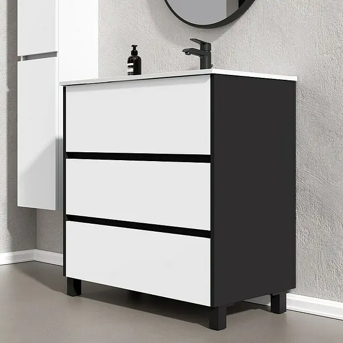 Artysan Conjunto de mueble de baño Africa - Ancho: 80 cm, 3 pzs., Blanco, Mate - Mueble de baño con tres cajones en blanco y antracita. El mueble bajo lavabo tiene un aspecto moderno.