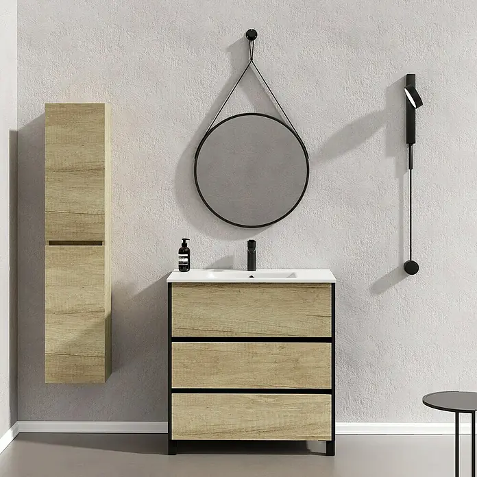 Artysan Conjunto de mueble de baño Africa - Ancho: 80 cm, 3 pzs., Nature, Mate - Mueble de baño con mueble bajo lavabo, armario colgante y espejo redondo para un diseño de baño elegante y moderno.