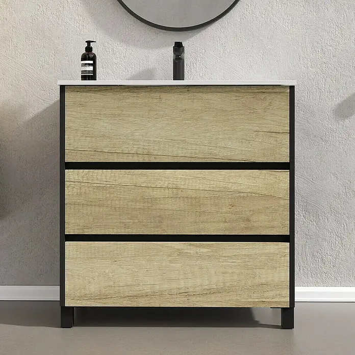 Artysan Conjunto de mueble de baño Africa - Ancho: 80 cm, 3 pzs., Nature, Mate - Moderno tocador de baño con tres cajones de aspecto madera y marco negro. Diseño elegante para cualquier baño.