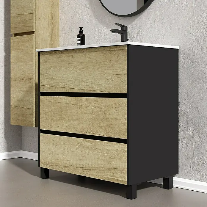 Artysan Conjunto de mueble de baño Africa - Ancho: 80 cm, 3 pzs., Nature, Mate - Mueble de baño con tres cajones en aspecto de madera y detalles en negro. Diseño moderno para el baño.