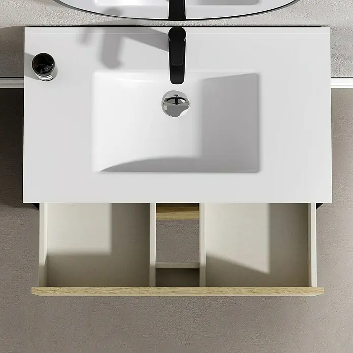 Artysan Conjunto de mueble de baño Africa - Ancho: 80 cm, 3 pzs., Nature, Mate - Un mueble de baño con un cajón abierto, que muestra la disposición interior y el diseño de madera clara.