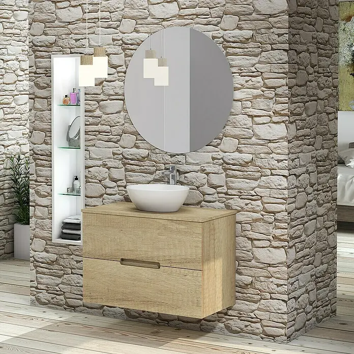 Artysan Conjunto de mueble de baño Loop Top - Ancho: 80 cm, 4 pzs., Nature, Mate - Lavabo de baño moderno con mueble de madera, espejo redondo y estante en pared de piedra. Diseño elegante para el baño.