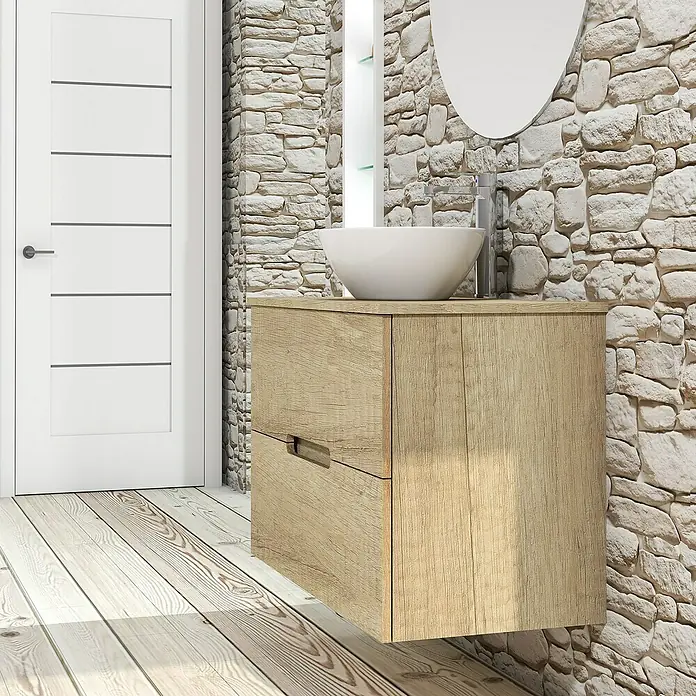 Artysan Conjunto de mueble de baño Loop Top - Ancho: 80 cm, 4 pzs., Nature, Mate - Tocador de madera con lavabo moderno y grifo frente a una pared de piedra. Diseño de baño contemporáneo para un ambiente elegante.