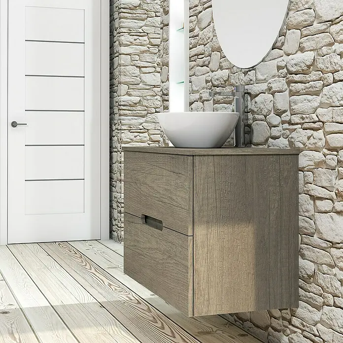 Artysan Conjunto de mueble de baño Loop Top - Ancho: 80 cm, 4 pzs., Nebraska, Mate - Un tocador de baño con un diseño moderno y minimalista, acentuado por la veta natural de la madera y el lavabo redondo.