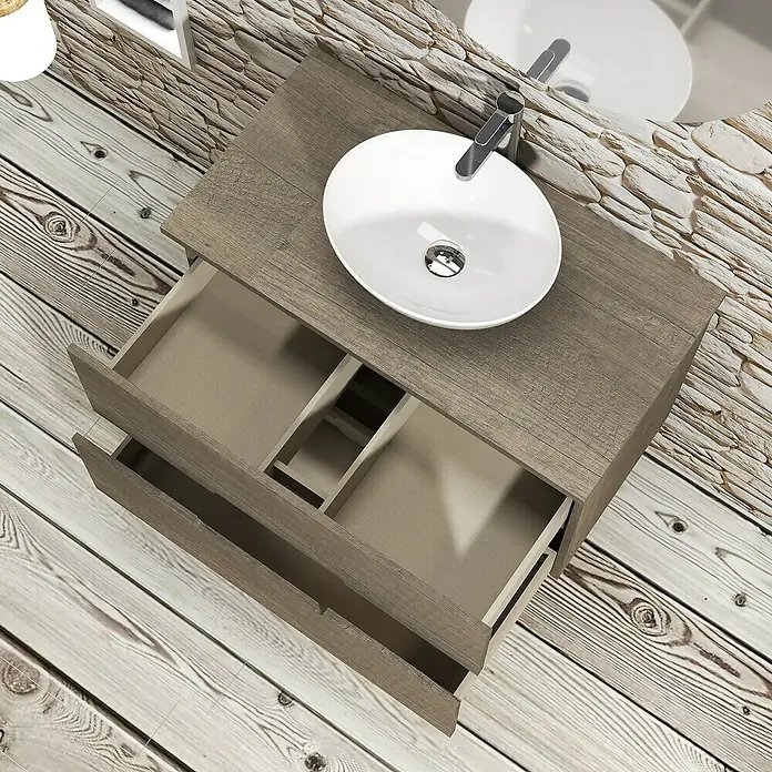 Artysan Conjunto de mueble de baño Loop Top - Ancho: 80 cm, 4 pzs., Nebraska, Mate - Vista detallada de un tocador moderno con cajones abiertos y un lavabo sobre encimera. El tocador tiene un acabado de imitación madera.