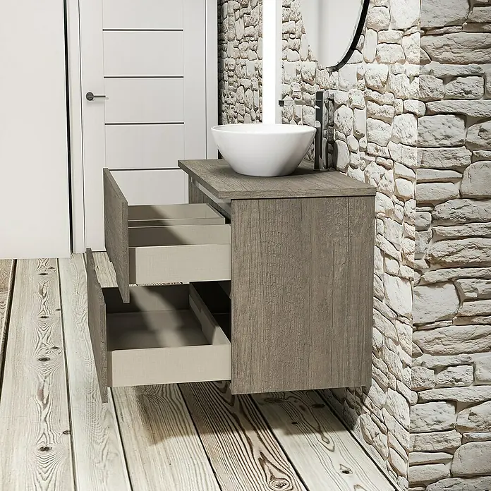 Artysan Conjunto de mueble de baño Loop Top - Ancho: 80 cm, 4 pzs., Nebraska, Mate - Mueble de baño de madera con dos cajones abiertos y lavabo sobre encimera en un baño moderno.