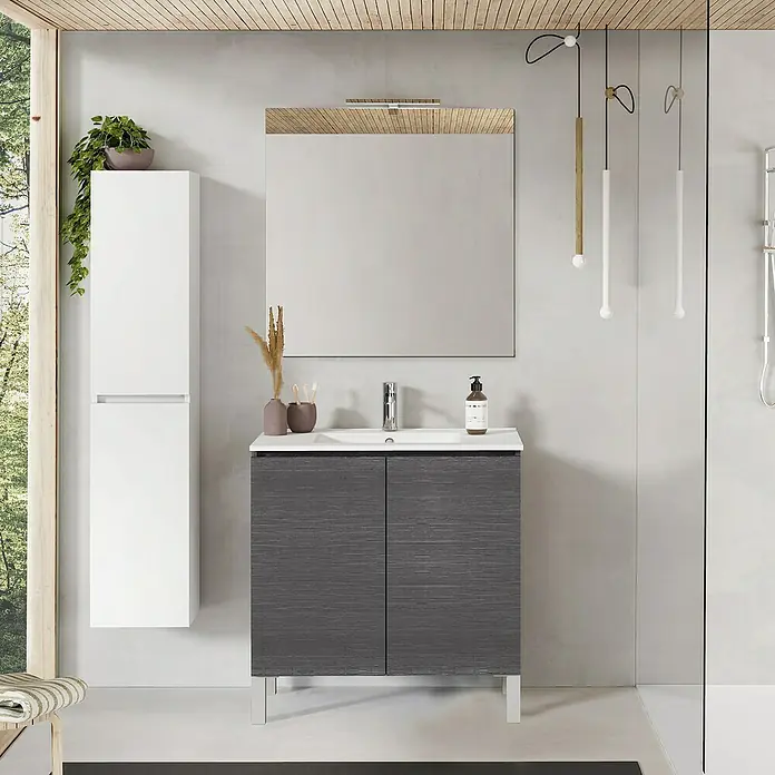 Artysan Conjunto de mueble de baño Versa - Ancho: 80 cm, 3 pzs., Ceniza, Mate - Mueble de baño con armario y espejo, diseño moderno en gris y blanco para una decoración elegante del baño.