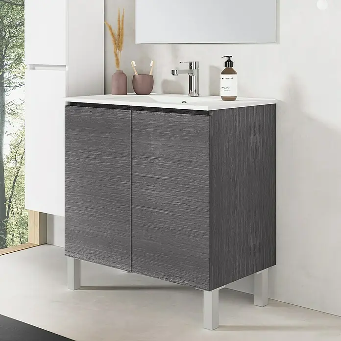 Artysan Conjunto de mueble de baño Versa - Ancho: 80 cm, 3 pzs., Ceniza, Mate - Elegante mueble de baño gris con detalles blancos y diseño minimalista, ideal para baños modernos.