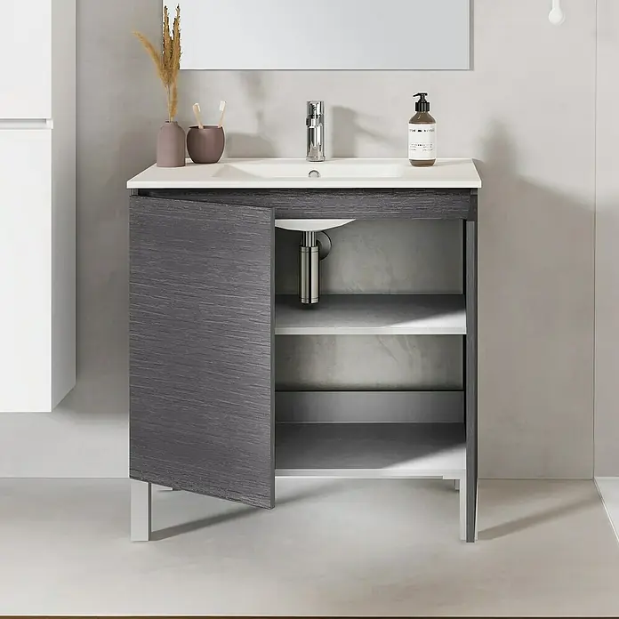 Artysan Conjunto de mueble de baño Versa - Ancho: 80 cm, 3 pzs., Ceniza, Mate - Imagen de un mueble de baño gris con puerta abierta y dos estantes, perfecto para baños.