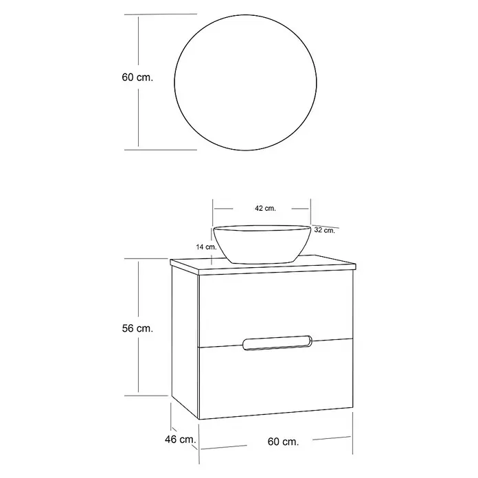 Artysan Conjunto de mueble de baño Loop Top - Ancho: 60 cm, 4 pzs., Nature, Mate - Una ilustración de un tocador de baño moderno con lavabo y espejo, incluidas las medidas en centímetros.