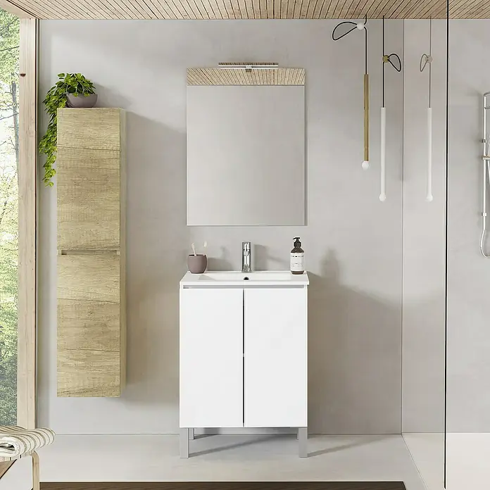Artysan Conjunto de mueble de baño Versa - Ancho: 60 cm, 3 pzs., Blanco, Mate - Conjunto de baño con mueble de lavabo blanco, espejo y armario de madera para un ambiente elegante.