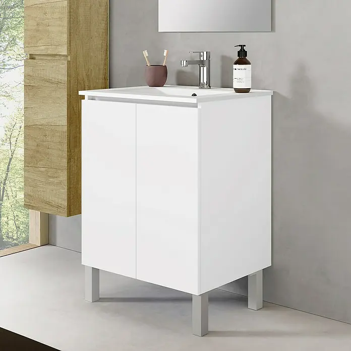 Artysan Conjunto de mueble de baño Versa - Ancho: 60 cm, 3 pzs., Blanco, Mate - Mueble de baño: Moderno mueble de lavabo blanco con grifo cromado, ideal para baños elegantes.
