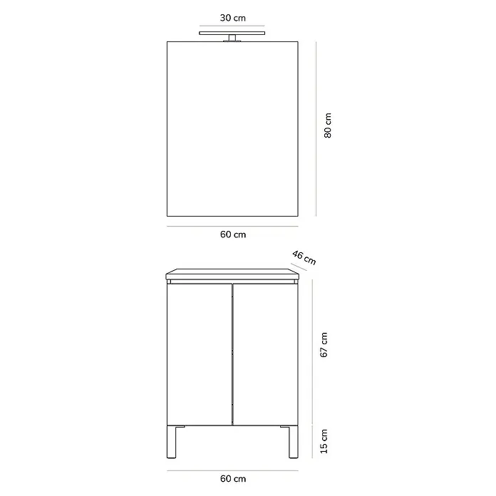 Artysan Conjunto de mueble de baño Versa - Ancho: 60 cm, 3 pzs., Blanco, Mate - Ilustración de un lavabo con mueble bajo. Las dimensiones se muestran claramente para ofrecer una visión detallada.