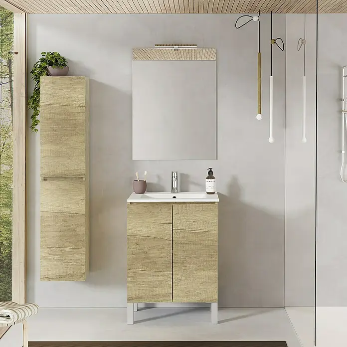 Artysan Conjunto de mueble de baño Versa - Ancho: 60 cm, 3 pzs., Nature, Mate - Un conjunto de baño con un mueble de tocador con aspecto de madera con dos puertas y un armario alto con espejo a juego.