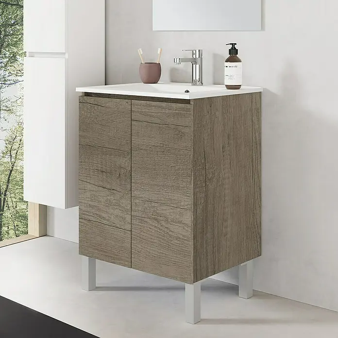 Artysan Conjunto de mueble de baño Versa - Ancho: 60 cm, 3 pzs., Nebraska, Mate - Mueble de baño con dos puertas en decoración de madera y lavabo blanco. Simple y moderno para cada baño.