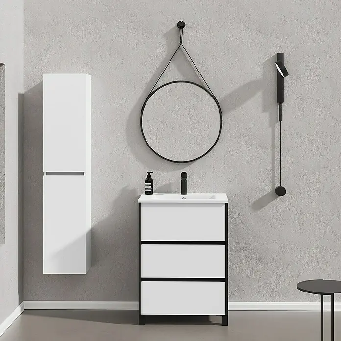 Artysan Conjunto de mueble de baño Africa - Ancho: 60 cm, 3 pzs., Blanco, Mate - Mueble de baño con marco negro y frentes blancos, combinado con espejo redondo y armario alto a juego, de estilo moderno.