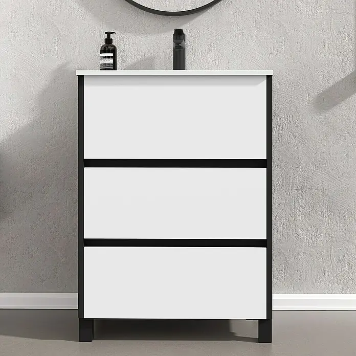 Artysan Conjunto de mueble de baño Africa - Ancho: 60 cm, 3 pzs., Blanco, Mate - Mueble de baño con tres cajones en blanco y marco negro, elegante y funcional para tu baño.