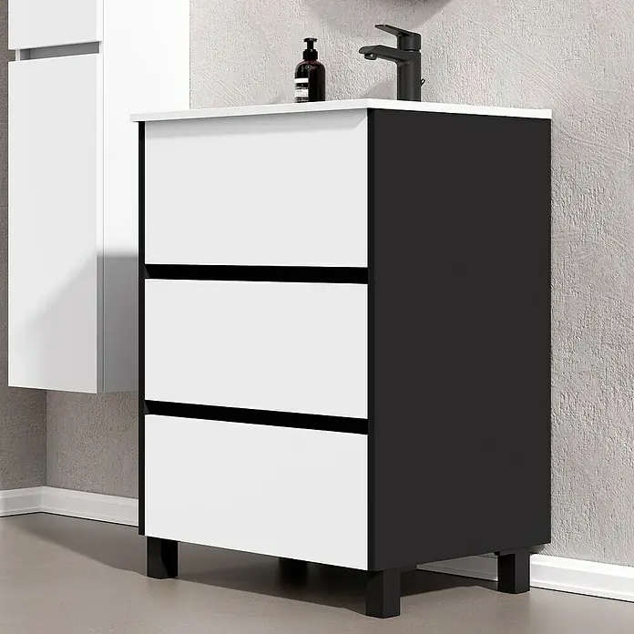 Artysan Conjunto de mueble de baño Africa - Ancho: 60 cm, 3 pzs., Blanco, Mate - Moderno conjunto de lavabo en blanco y negro con tres cajones y grifo elegante.