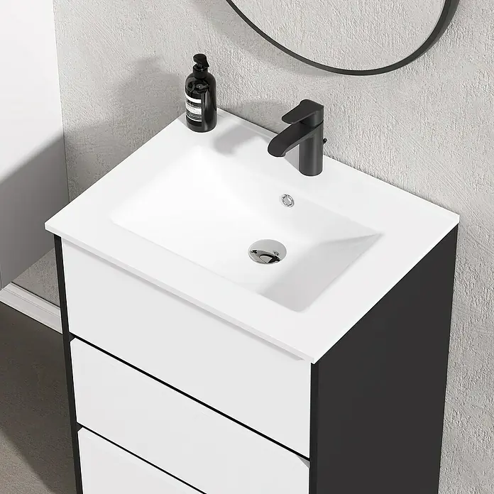Artysan Conjunto de mueble de baño Africa - Ancho: 60 cm, 3 pzs., Blanco, Mate - Mueble de baño moderno con cajones blancos y lavabo negro con grifo y dispensador de jabón.