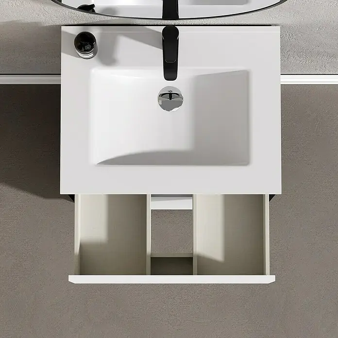 Artysan Conjunto de mueble de baño Africa - Ancho: 60 cm, 3 pzs., Blanco, Mate - Mueble de baño moderno blanco con cajón abierto, ideal para un diseño de baño elegante.