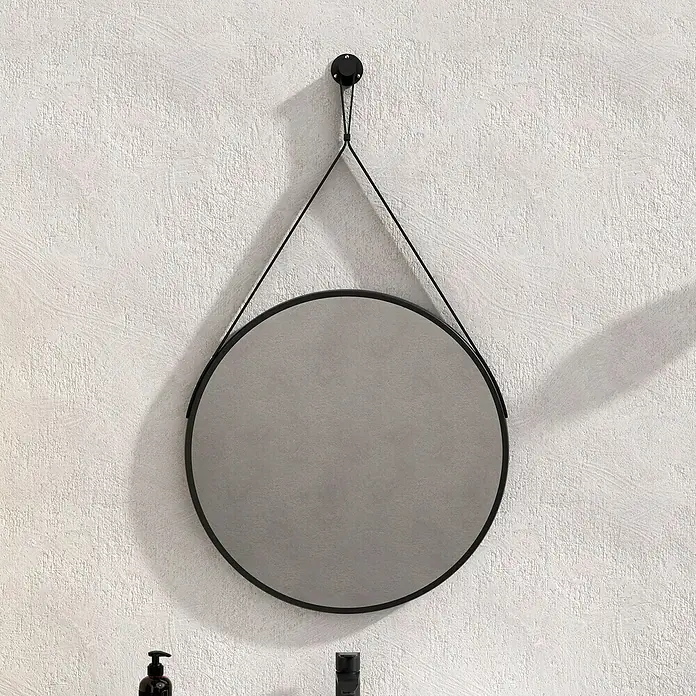 Artysan Conjunto de mueble de baño Africa - Ancho: 80 cm, 3 pzs., Nebraska, Mate - Espejo de pared redondo con marco negro y suspensión para toques elegantes en la habitación.
