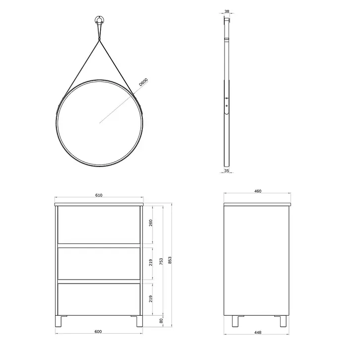 Artysan Conjunto de mueble de baño Africa - Ancho: 60 cm, 3 pzs., Nature, Mate - Boceto del producto de un conjunto de baño con un espejo redondo colgante y un mueble de tocador con tres cajones.