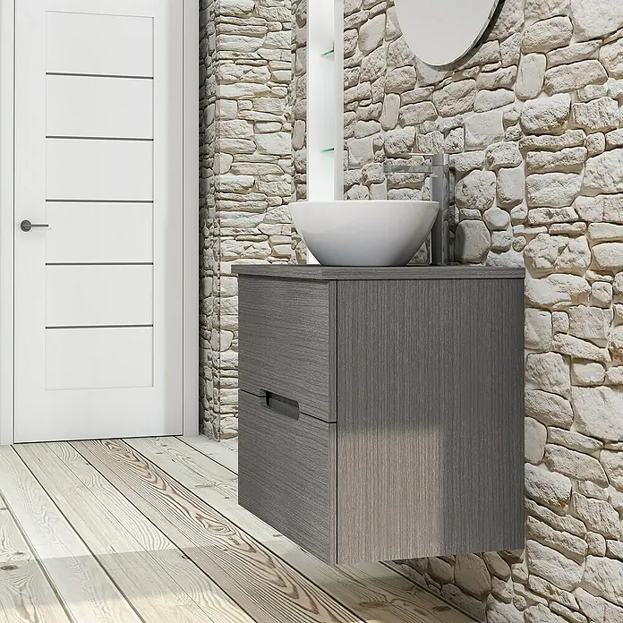 Artysan Conjunto de mueble de baño Loop Top - Ancho: 60 cm, 4 pzs., Ceniza, Mate - Un moderno tocador gris con un lavabo de cerámica en un elegante baño, que le añade estilo.