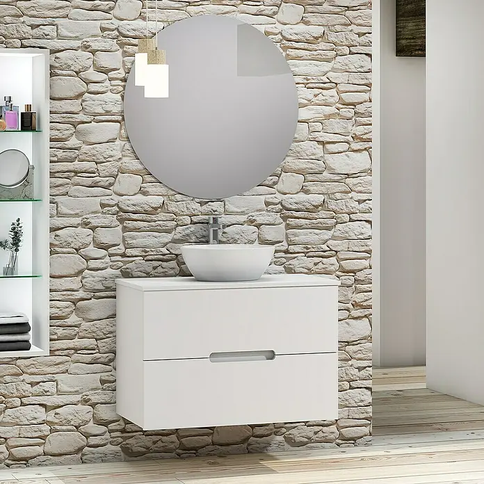 Artysan Conjunto de mueble de baño Loop Top - Ancho: 80 cm, 4 pzs., Blanco, Mate - Lavabo de baño moderno con espejo y un elegante mueble bajo. Perfecto para un diseño de baño elegante con mucho espacio.