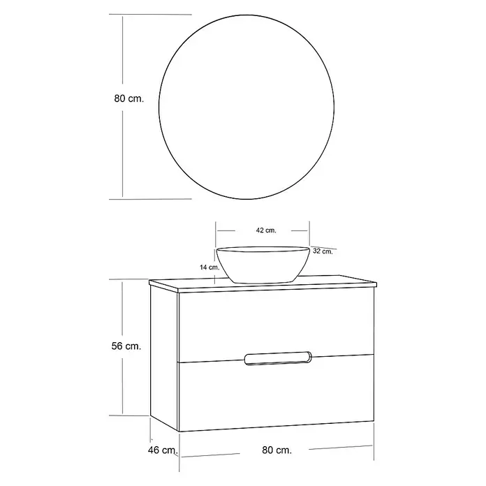 Artysan Conjunto de mueble de baño Loop Top - Ancho: 80 cm, 4 pzs., Nebraska, Mate - Esquema de un conjunto de baño con espejo redondo (80cm) sobre un mueble lavabo con lavabo (80x46x56cm).