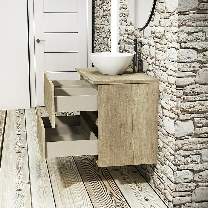 Artysan Conjunto de mueble de baño Loop Top - Ancho: 60 cm, 4 pzs., Nature, Mate - Imagen de un mueble de baño que muestra un diseño de cajón abierto, destacando la textura de la madera y el diseño moderno y minimalista.