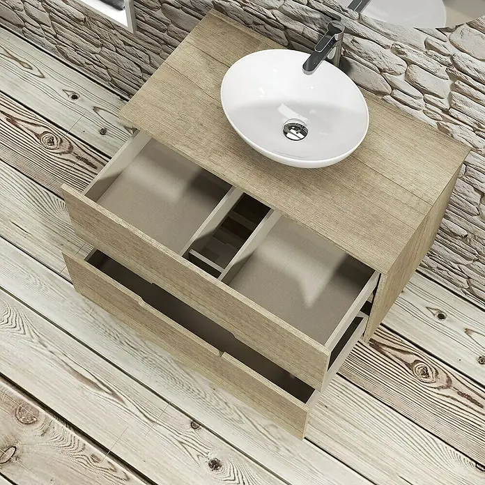 Artysan Conjunto de mueble de baño Loop Top - Ancho: 60 cm, 4 pzs., Nature, Mate - Mueble de baño moderno con aspecto de madera con sistema de cajones abiertos y lavabo sobre encimera para un baño elegante.