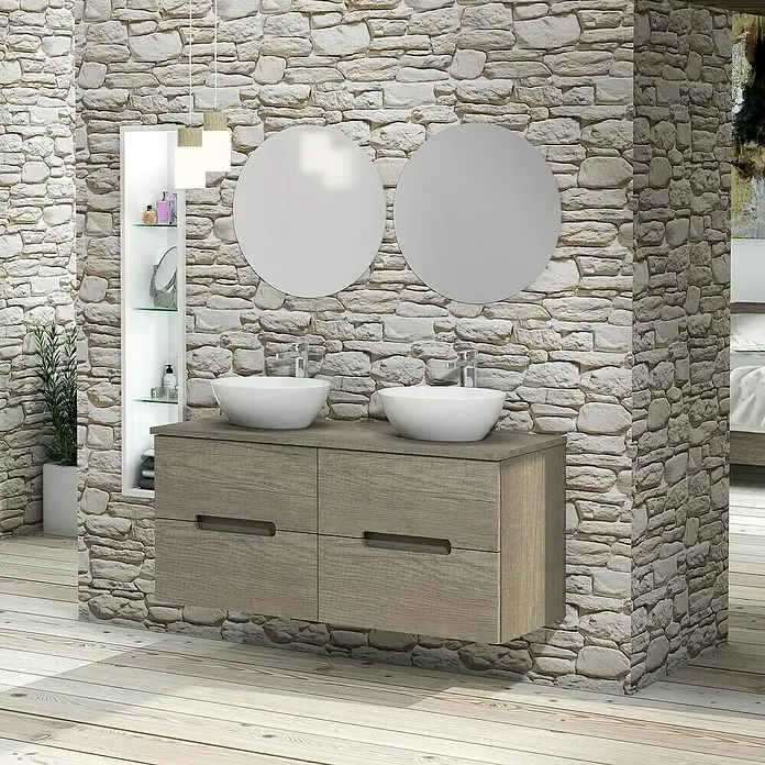 Artysan Conjunto de mueble de baño Loop Top - 6 pzs., Nebraska, Mate - El moderno baño cuenta con un tocador con lavabos dobles redondos y espejos redondos a juego contra una pared de piedra.