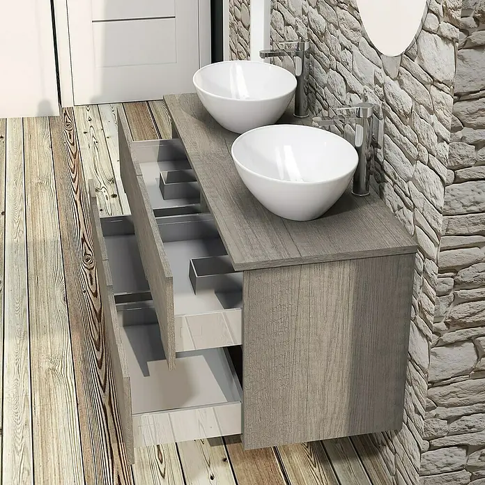 Artysan Conjunto de mueble de baño Loop Top - 6 pzs., Nebraska, Mate - Mueble de baño con dos lavabos y cajones abiertos de diseño moderno.