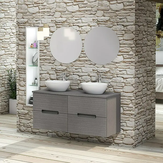 Artysan Conjunto de mueble de baño Loop Top - 6 pzs., Ceniza, Mate - Moderno mueble de baño con espejos redondos dobles, gabinete gris y elegante pared de piedra para un ambiente elegante.