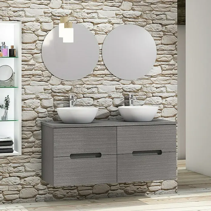 Artysan Conjunto de mueble de baño Loop Top - 6 pzs., Ceniza, Mate - Un tocador gris con dos lavabos redondos y espejos frente a una pared de piedra. Ideal para baños modernos.