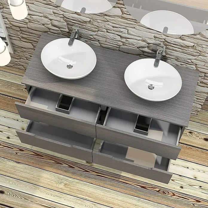 Artysan Conjunto de mueble de baño Loop Top - 6 pzs., Ceniza, Mate - Un mueble de baño gris con dos lavabos redondos sobre encimera y cajones abiertos frente a una pared de piedra y suelo de madera.