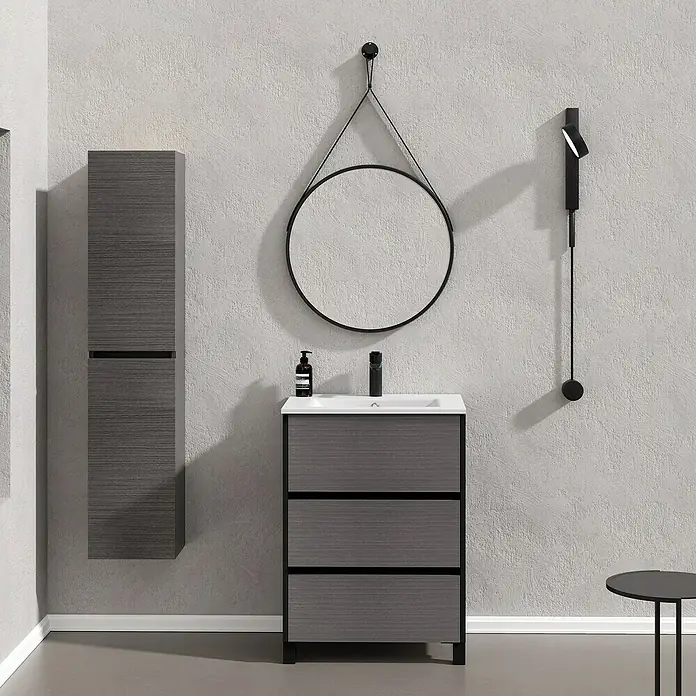 Artysan Conjunto de mueble de baño Africa - Ancho: 60 cm, 3 pzs., Ceniza, Mate - Instalación de baño moderna con mueble bajo lavabo, armario de pared y espejo redondo elegante.