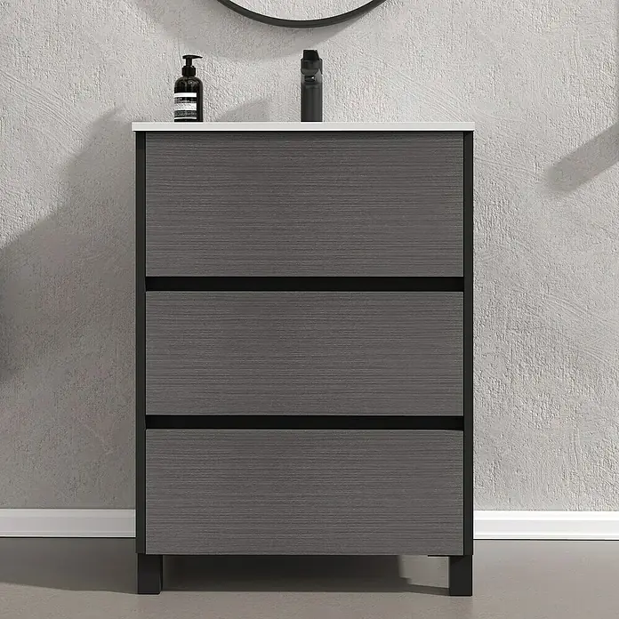 Artysan Conjunto de mueble de baño Africa - Ancho: 60 cm, 3 pzs., Ceniza, Mate - Mueble de baño con tres cajones y lavabo para un diseño de baño moderno.