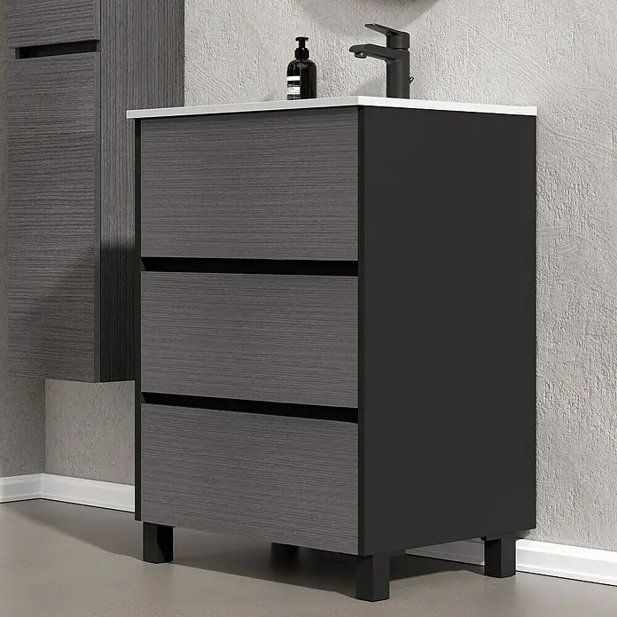Artysan Conjunto de mueble de baño Africa - Ancho: 80 cm, 3 pzs., Ceniza, Mate - Mueble de baño gris con tres cajones, encimera blanca, grifo negro y dispensador de jabón negro.