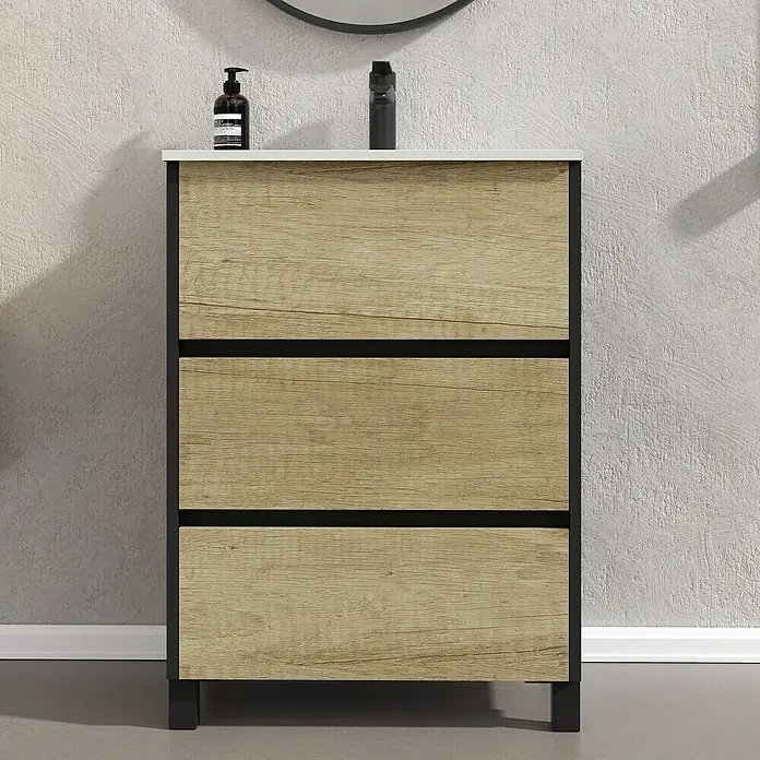 Artysan Conjunto de mueble de baño Africa - Ancho: 60 cm, 3 pzs., Nature, Mate - Un moderno mueble de baño con tres cajones de aspecto de madera y un marco negro. Ideal para un baño elegante.