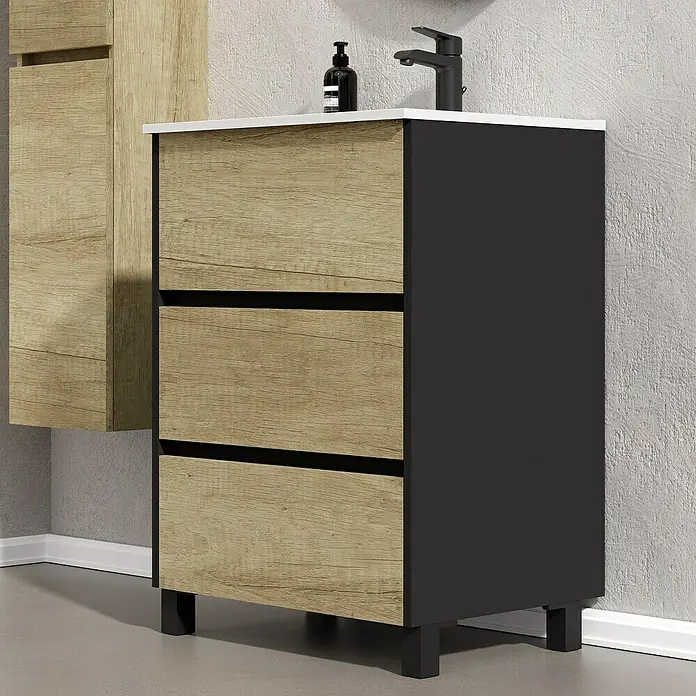Artysan Conjunto de mueble de baño Africa - Ancho: 60 cm, 3 pzs., Nature, Mate - Mueble de baño con tres cajones de aspecto madera y estructura negra. Diseño elegante para baños modernos.