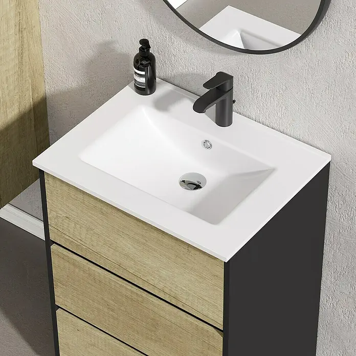 Artysan Conjunto de mueble de baño Africa - Ancho: 60 cm, 3 pzs., Nature, Mate - Moderno mueble de baño con lavabo blanco, grifo negro y cajones con aspecto de madera para un diseño de baño elegante.